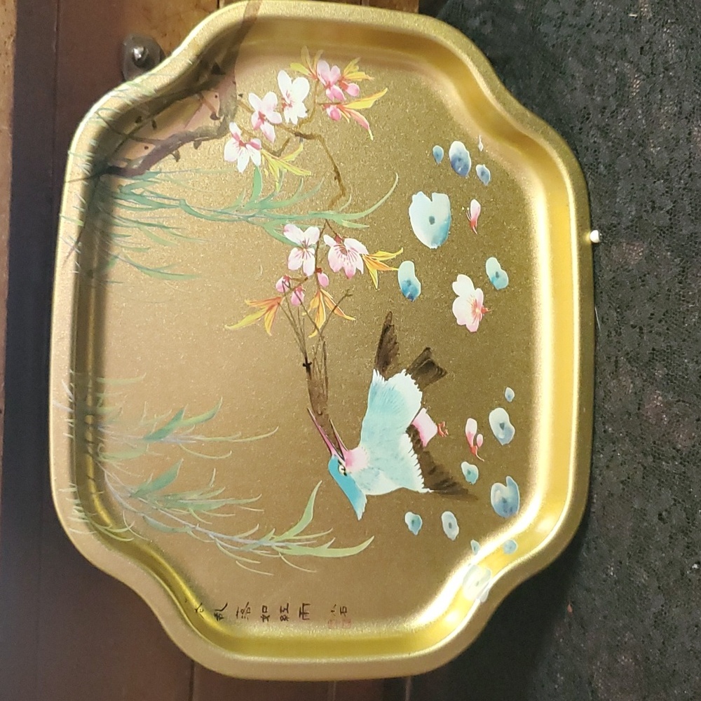 VINTAGE ENGLISH ELITE GOLD BIRD FLOWER TREE TRAY 7.5”W DX566